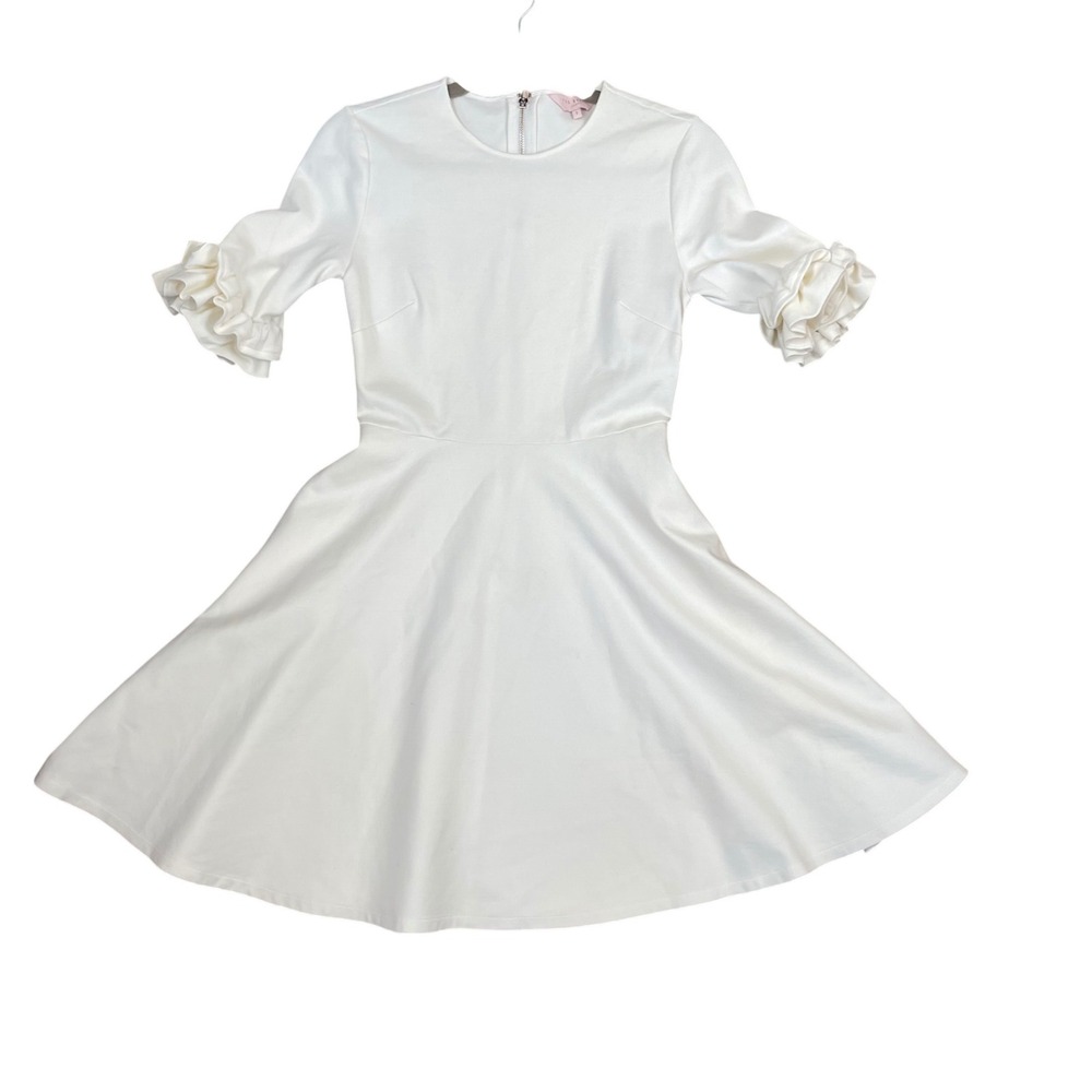 Ted Baker Ritzi White Ruffle Sleeve Fit & Flare Dress‎ Size 1 US 4 Exposed Zip - Picture 2 of 11